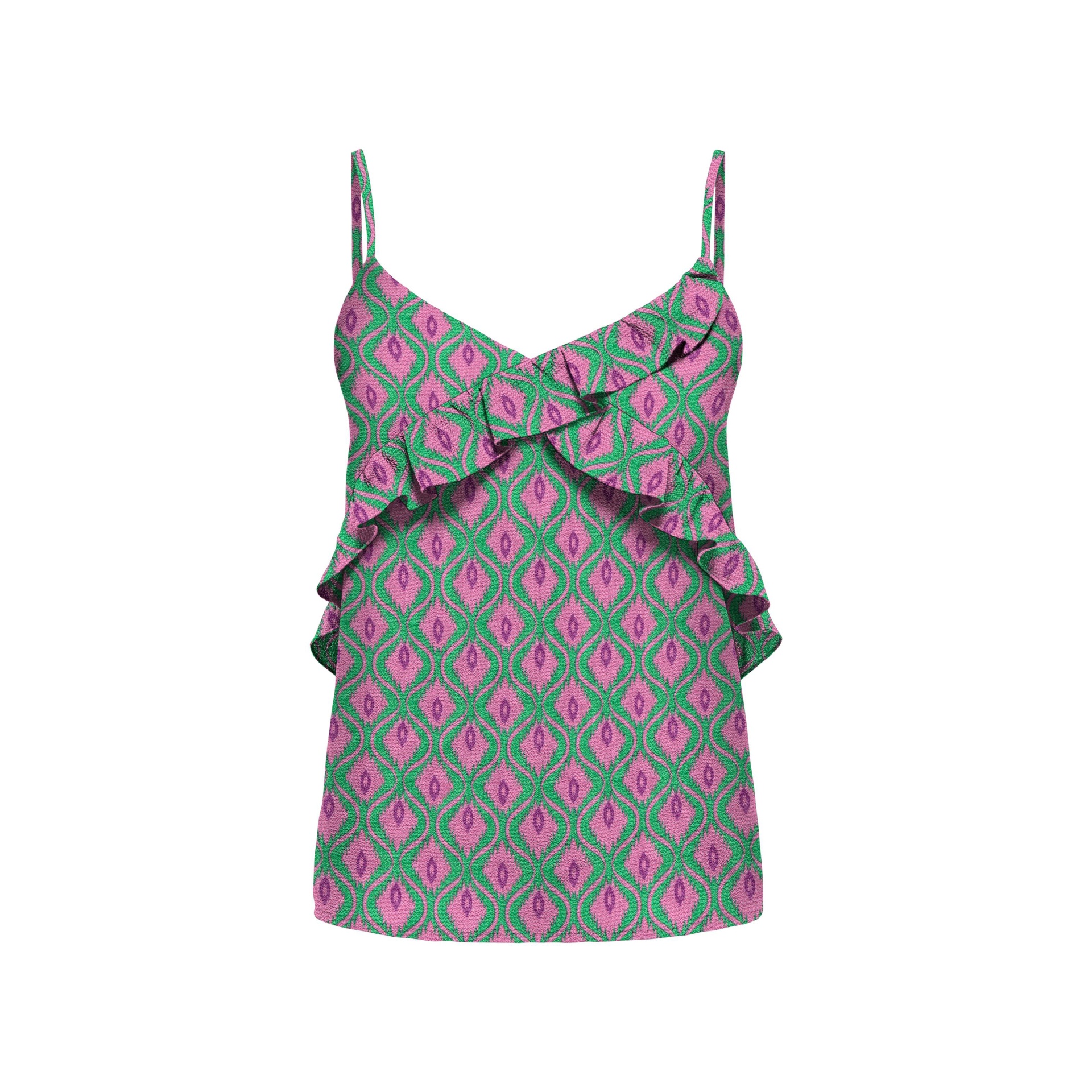 Top feminino verde e rosa com padrão geométrico e folhos