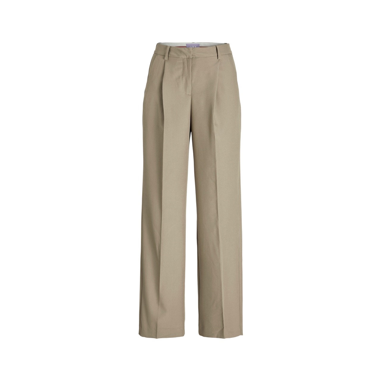 Calças bege de tecido com fechamento frontal em botão.