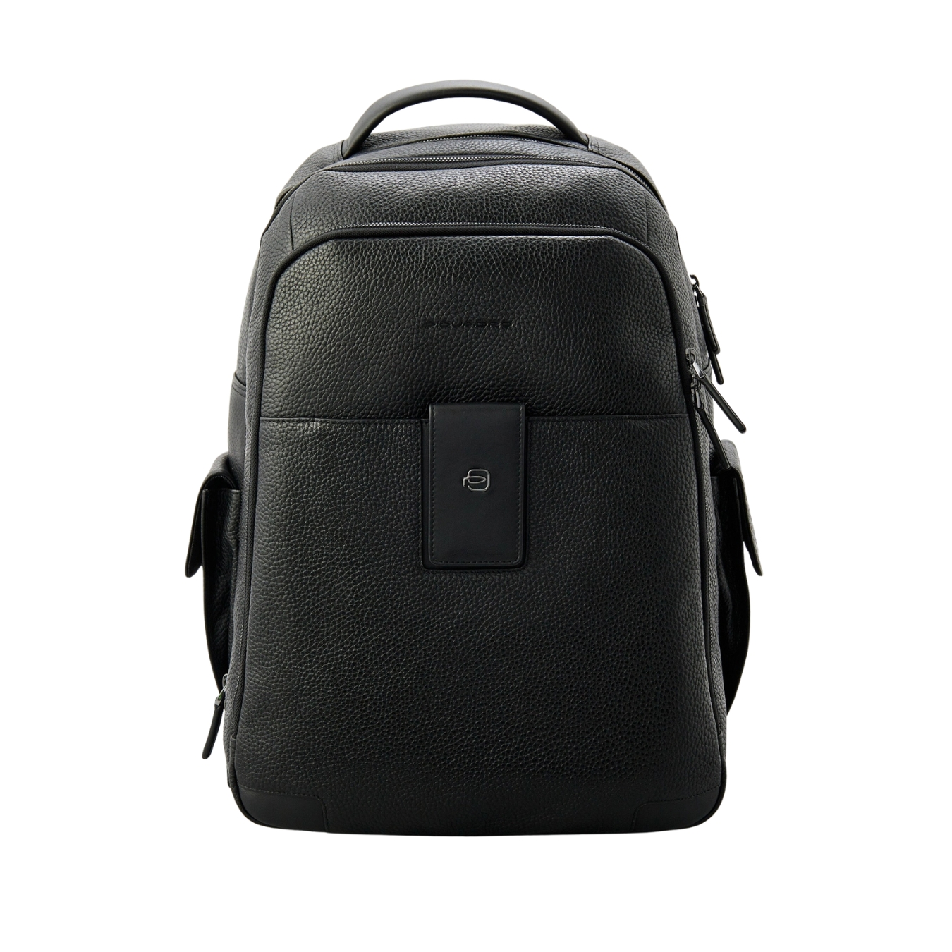 Mochila preta de couro com vários bolsos e fechos