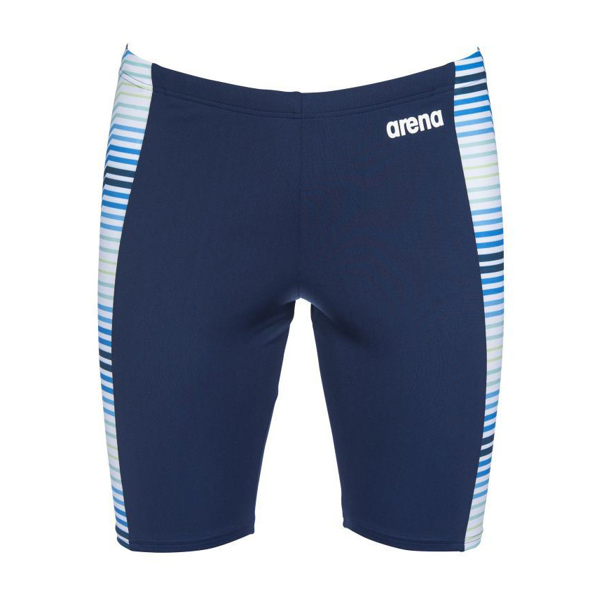 Calções de banho azuis com faixas laterais riscadas e logotipo arena