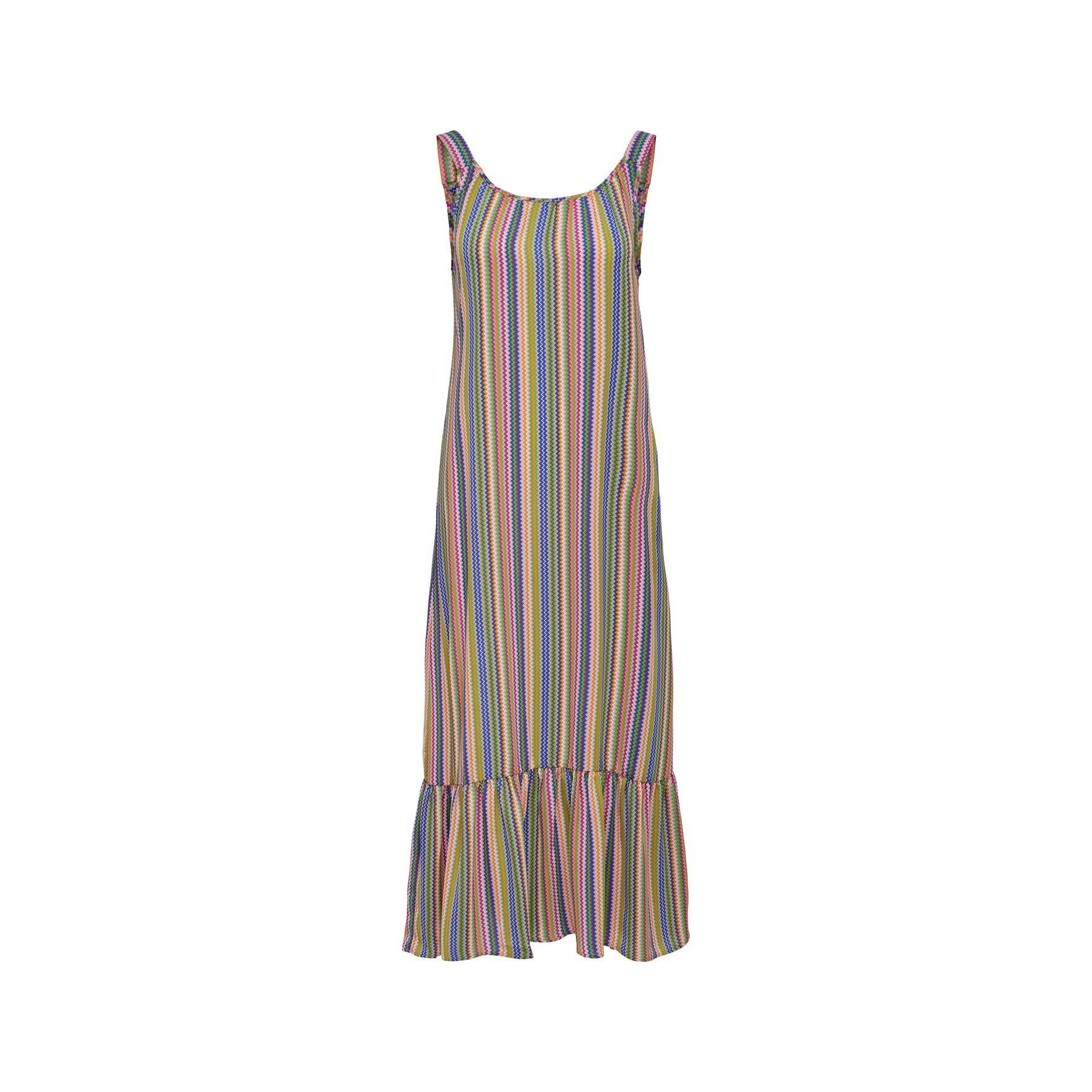 Vestido listrado multicolorido com babado na barra