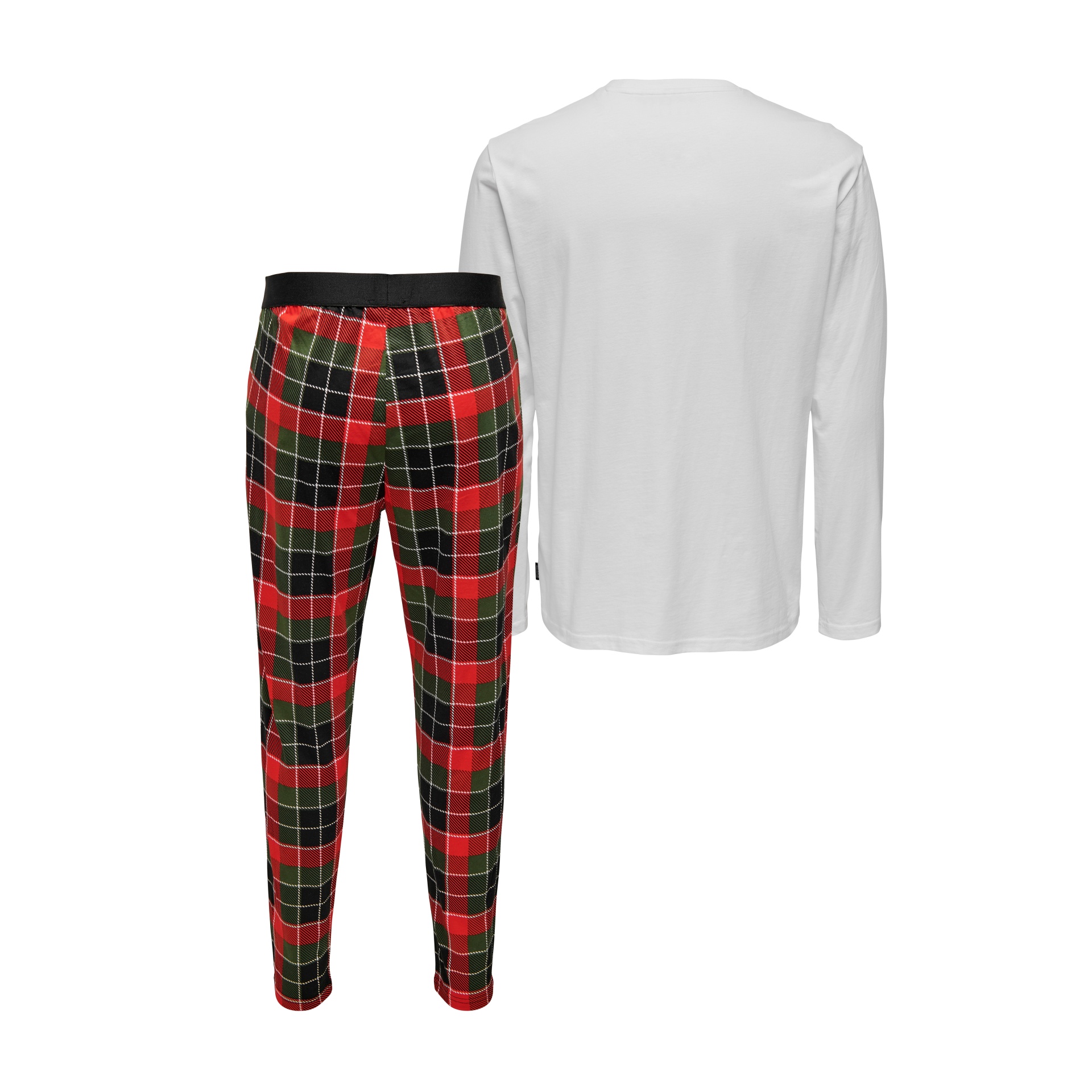 Conjunto de pijama com camisola branca e calças xadrez vermelho e verde