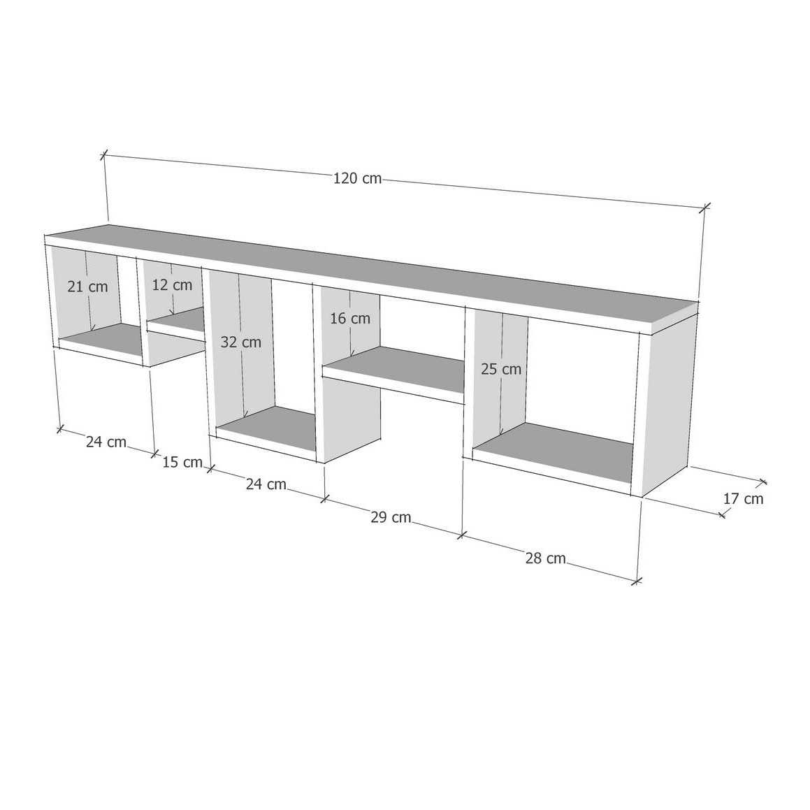 Estante branca de madeira com divisórias e medidas em centímetros.