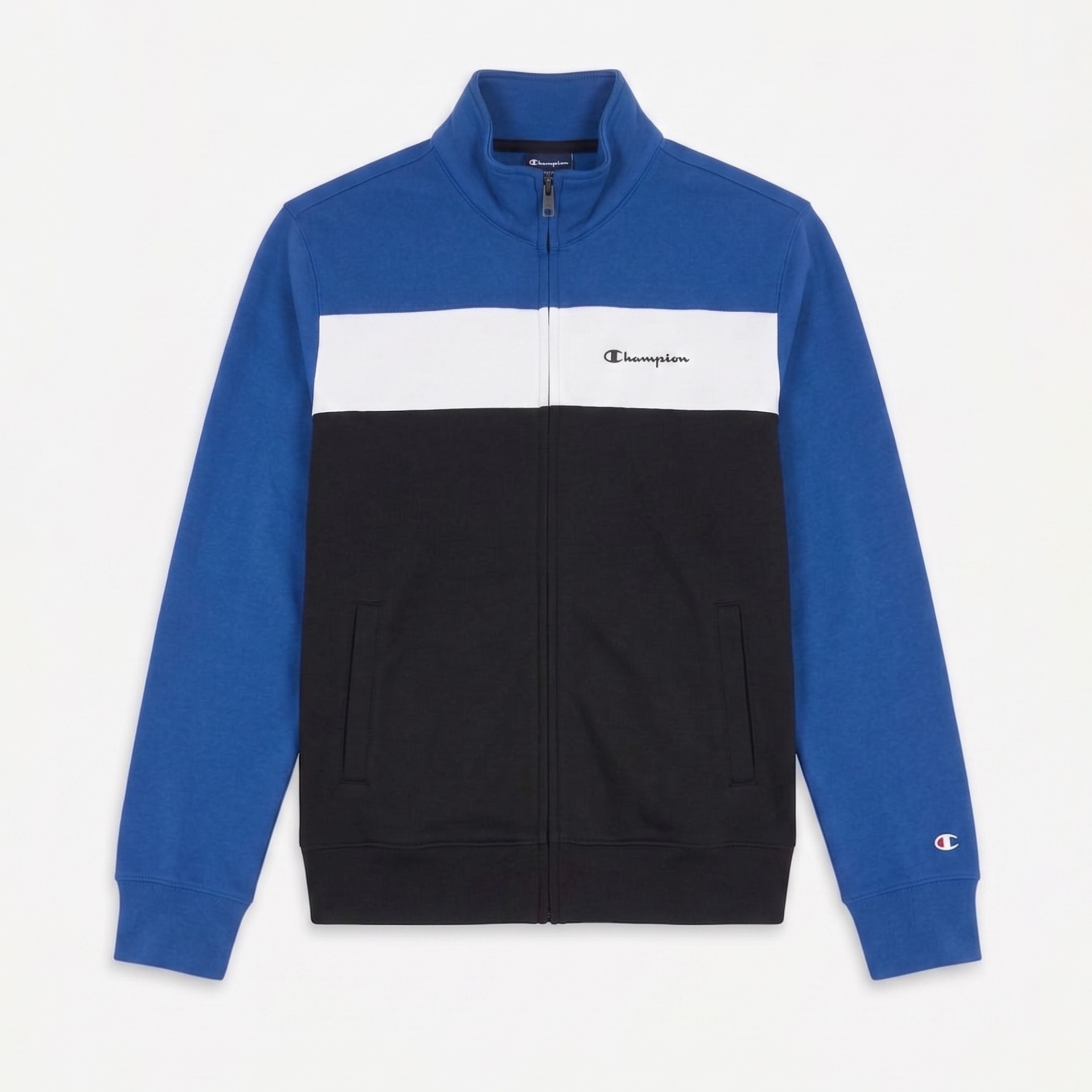 casaco desportivo azul, branco e preto com fecho e marca Champion no peito e na manga