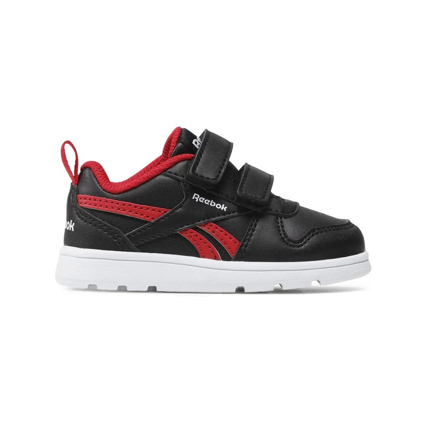 Ténis infantis Reebok preto e vermelho com fecho em velcro e sola branca