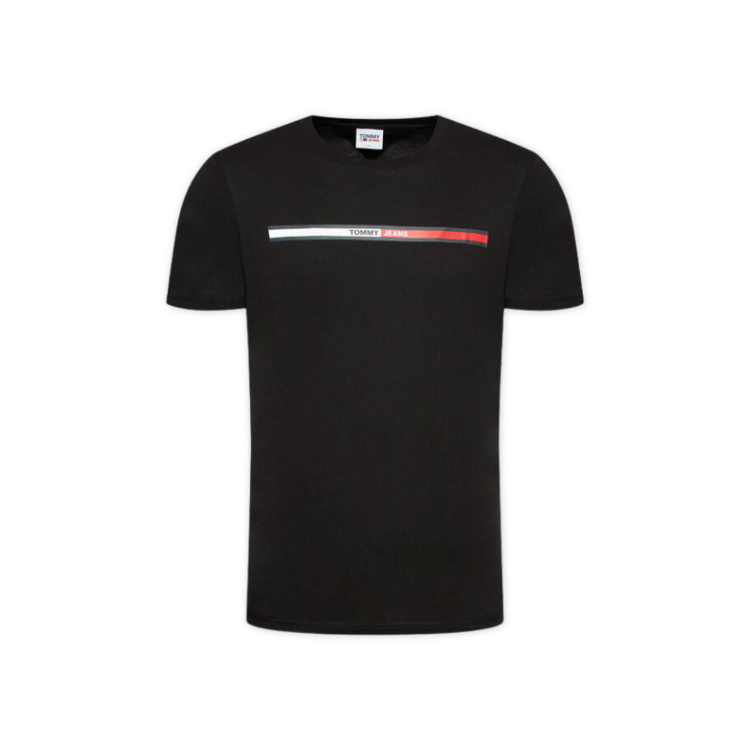 Camiseta preta com padrão listrado e texto Tommy Jeans ao centro