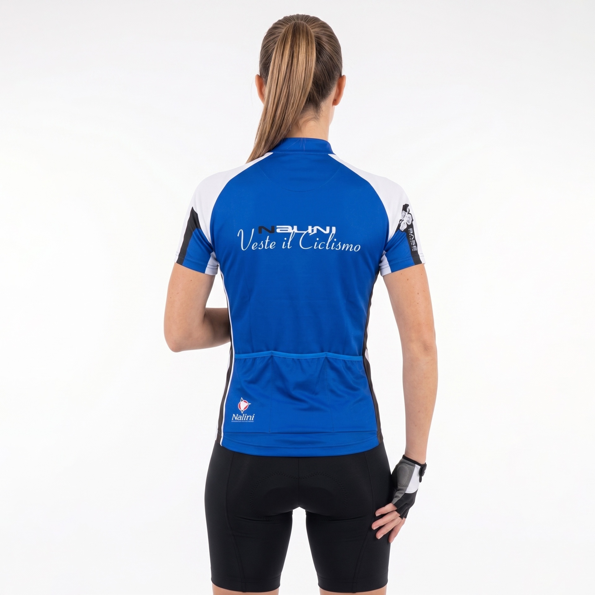 Camisola de ciclismo azul com escrita Nalini nas costas.