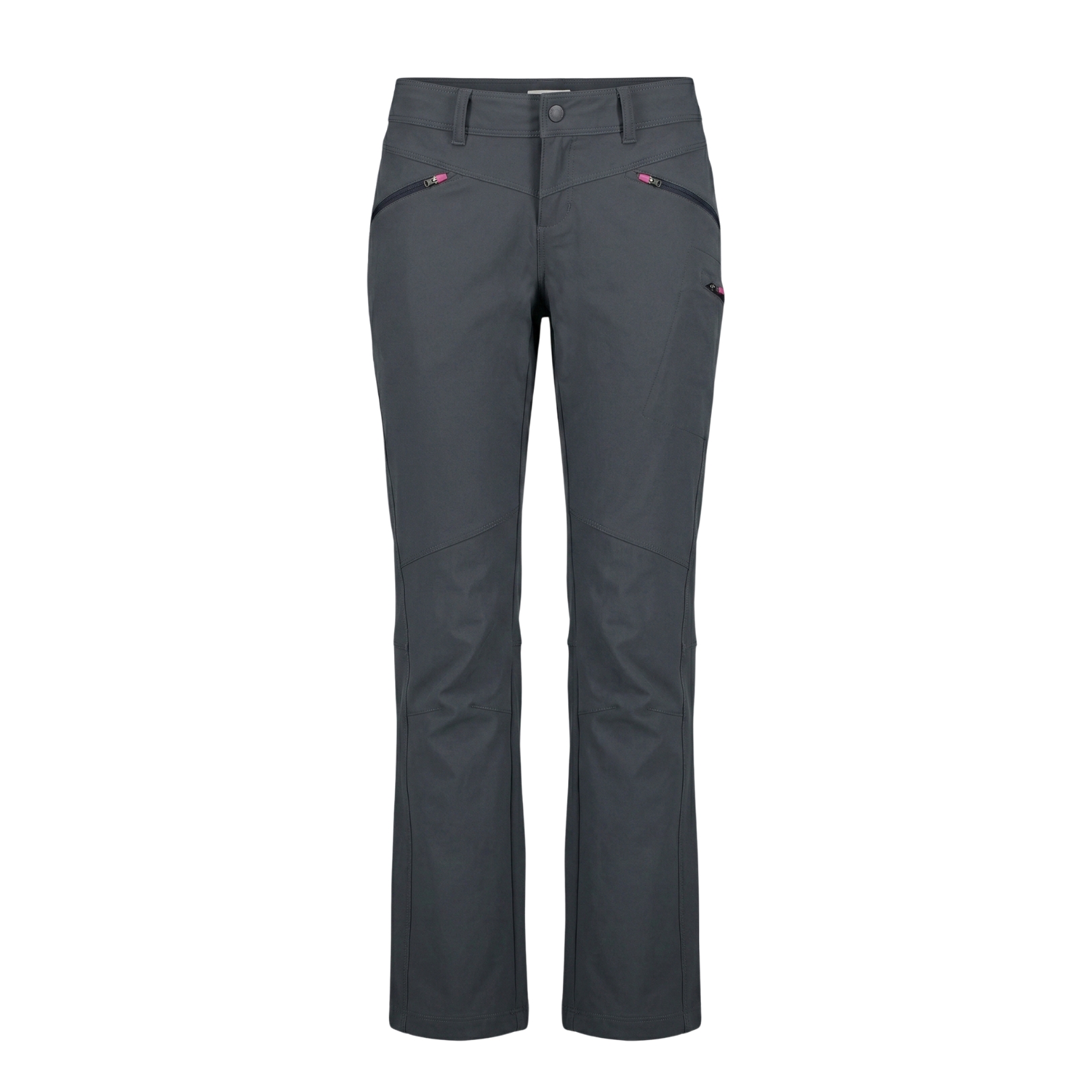 Calças femininas cinzentas com bolsos e fechos em rosa-lilás