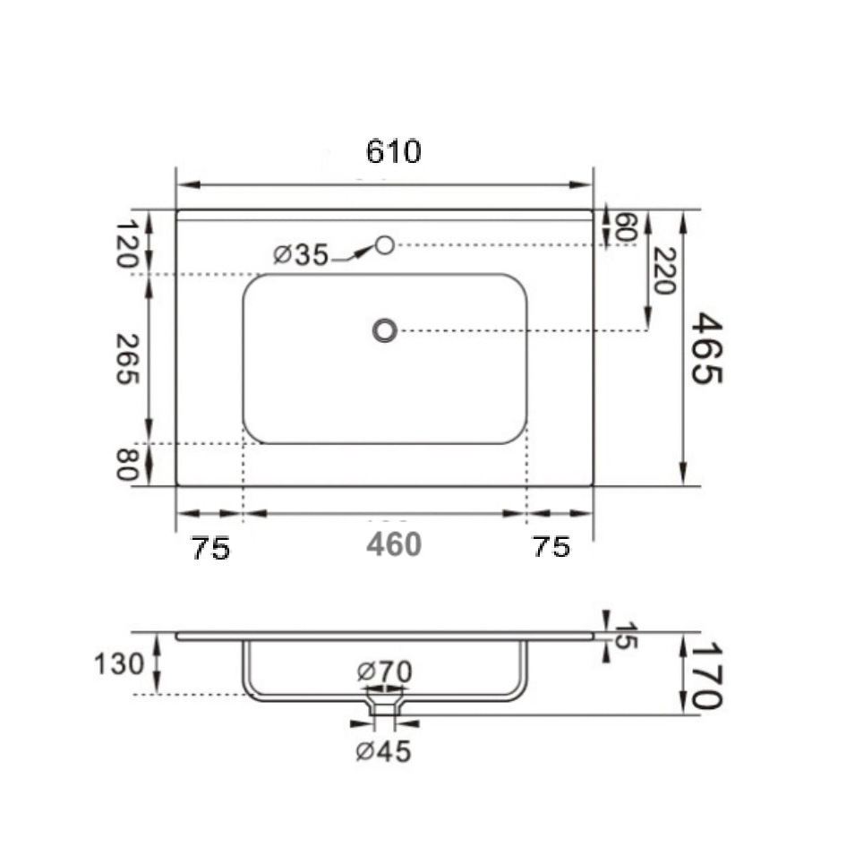 Desenho técnico de pia retangular com medidas em milímetros.
