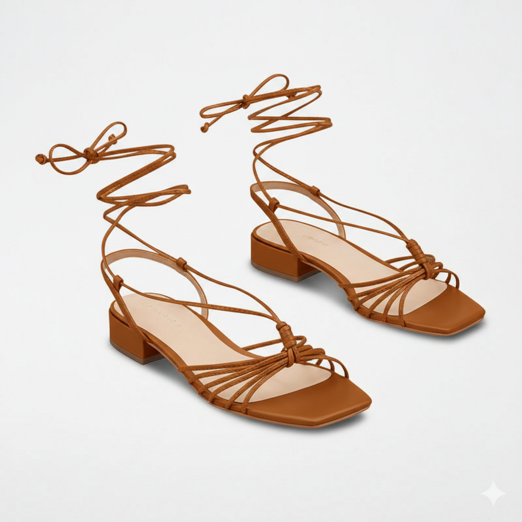 Sandálias castanhas com tiras finas e salto baixo em fundo branco
