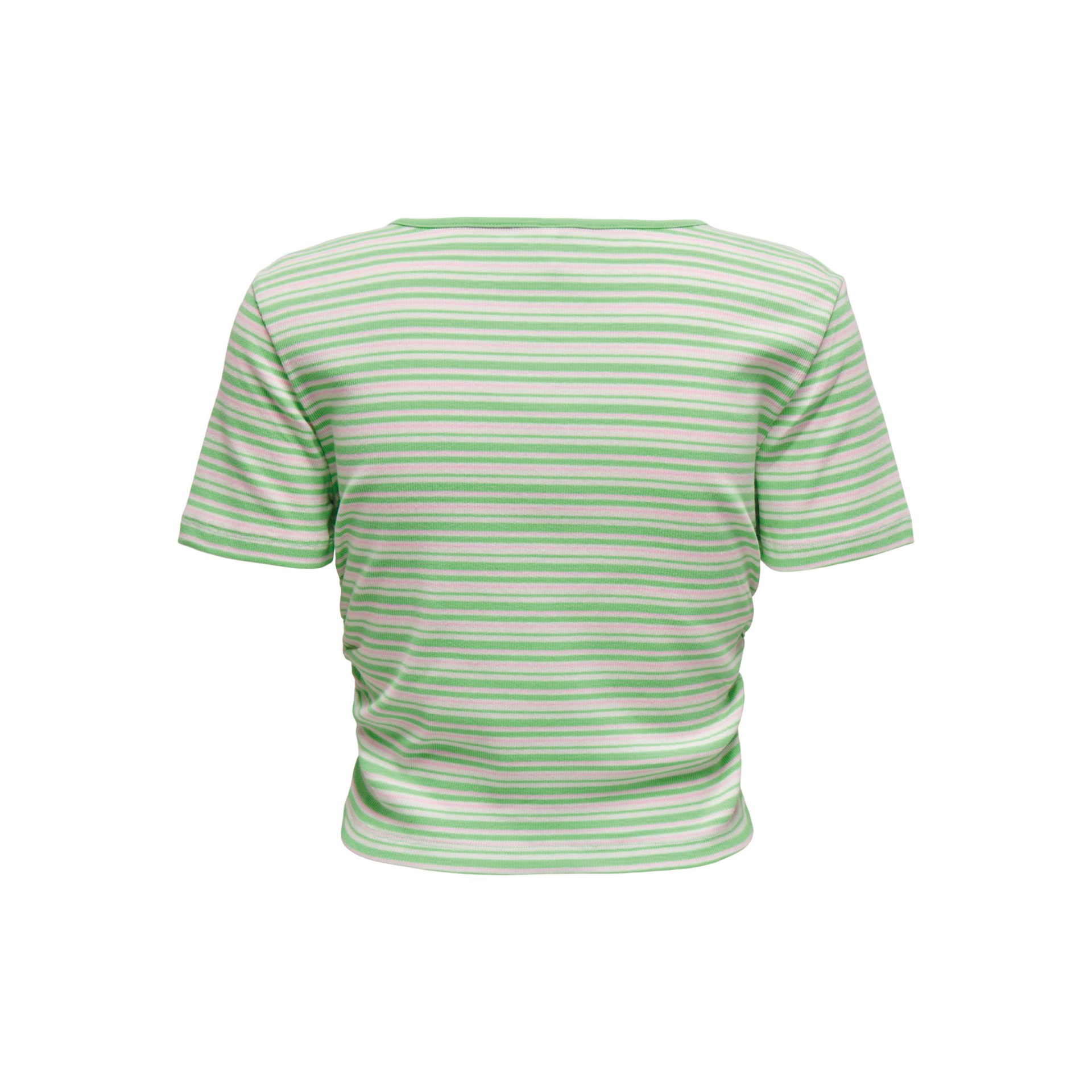 T-shirt cropped verde com riscas brancas vista de costas