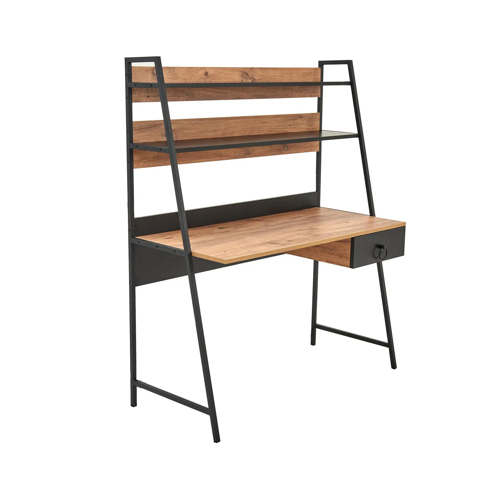 Secretária em madeira e metal com gaveta e prateleiras