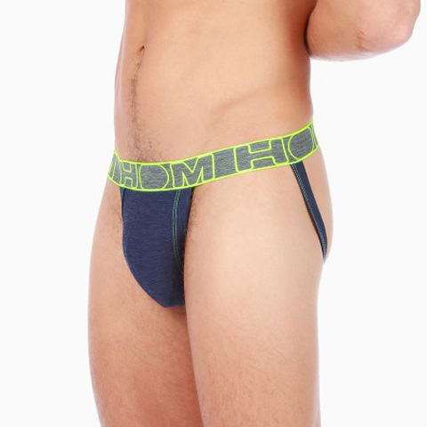 Cueca jockstrap masculina azul com elástico cinzento e verde fluorescente HOM