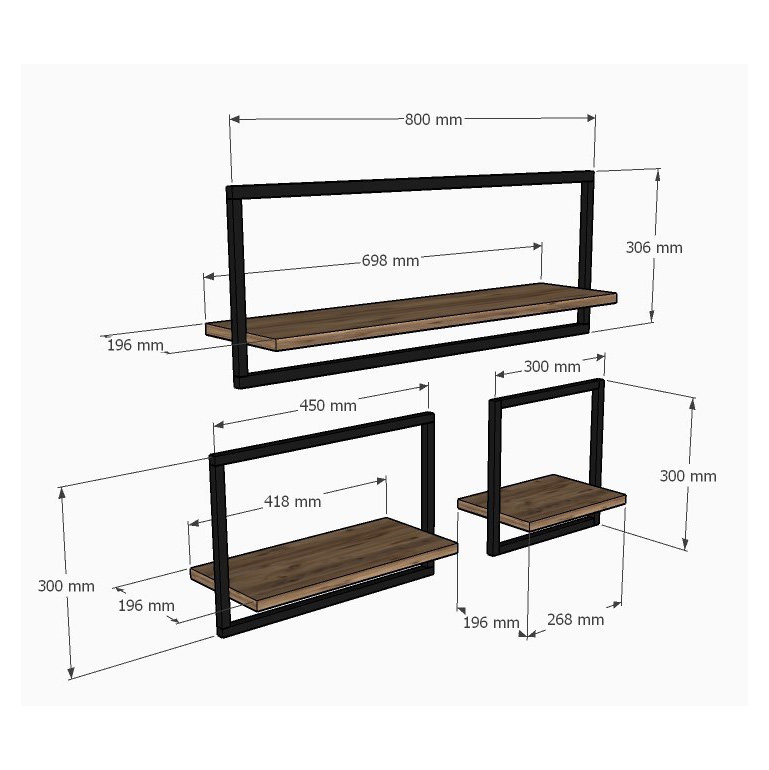 Três prateleiras flutuantes com estrutura preta e tampo em madeira castanha, com medidas indicadas.