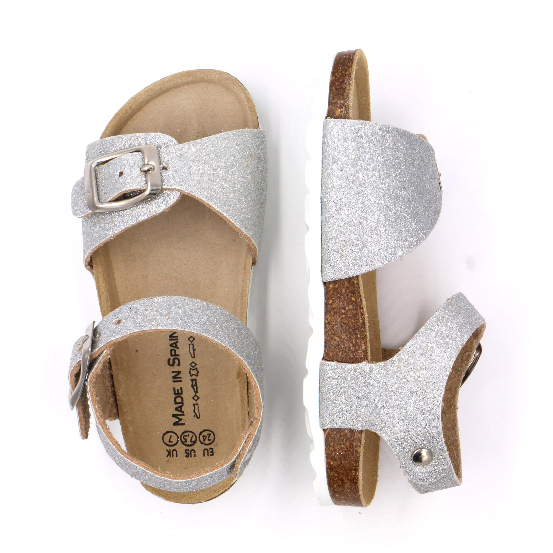 Sandálias infantis prateadas com glitter e fivelas metálicas