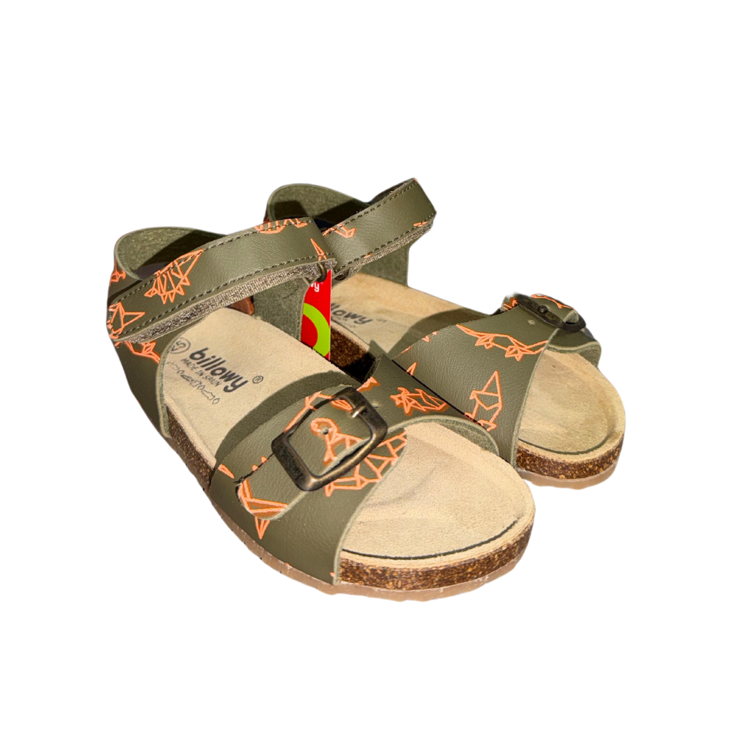 Sandálias verdes com padrão laranja e sola de cortiça
