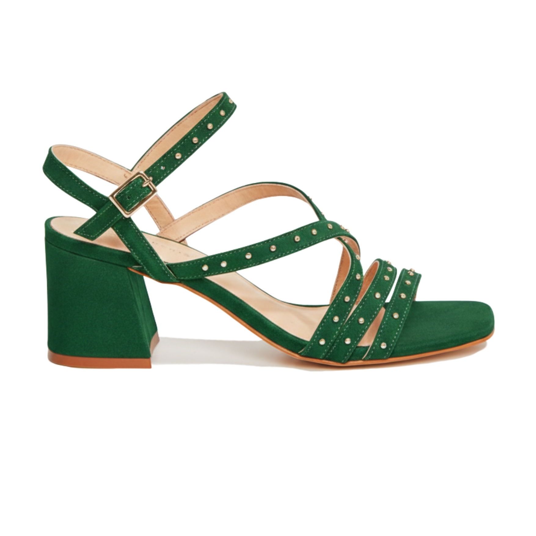 Sandália verde de salto médio com tiras e rebites dourados