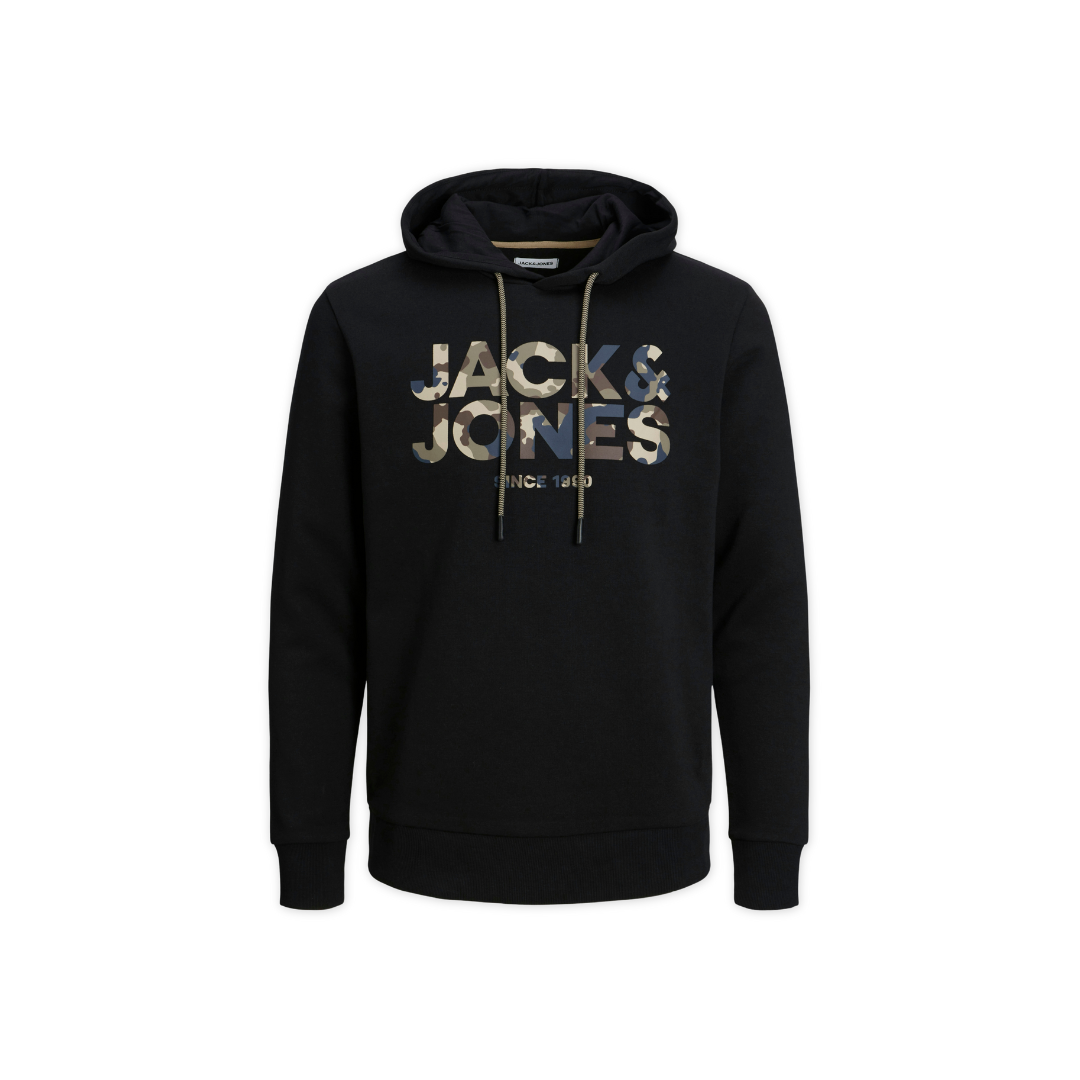 Sweatshirt preta com capuz e texto 'JACK & JONES SINCE 1990' em camuflado