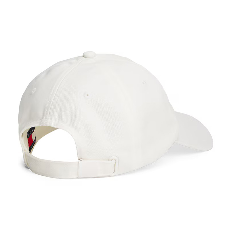 Boné branco em tecido com fecho ajustável e etiqueta colorida interior