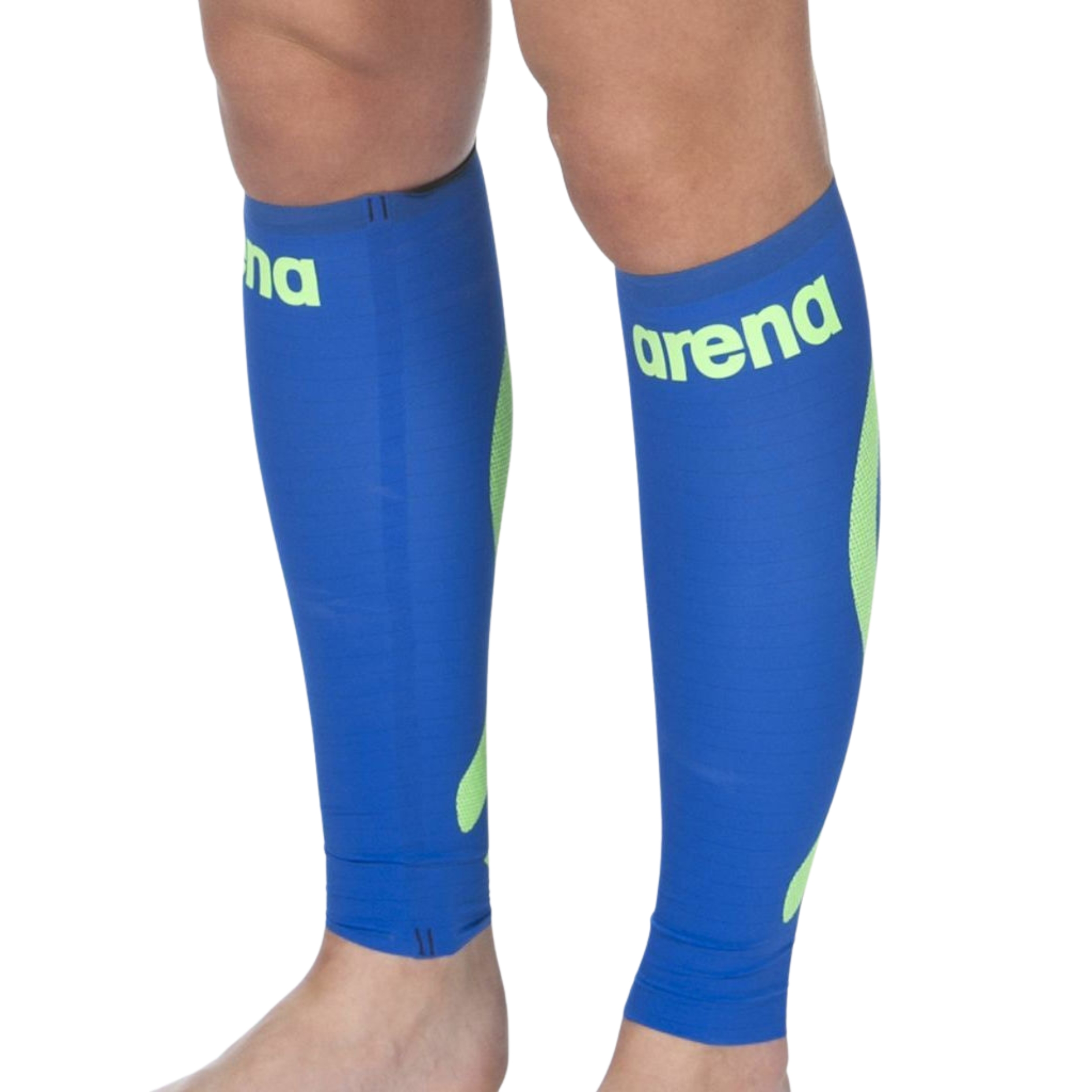 Perneiras compression azuis com detalhes verdes e texto ARENA amarelo