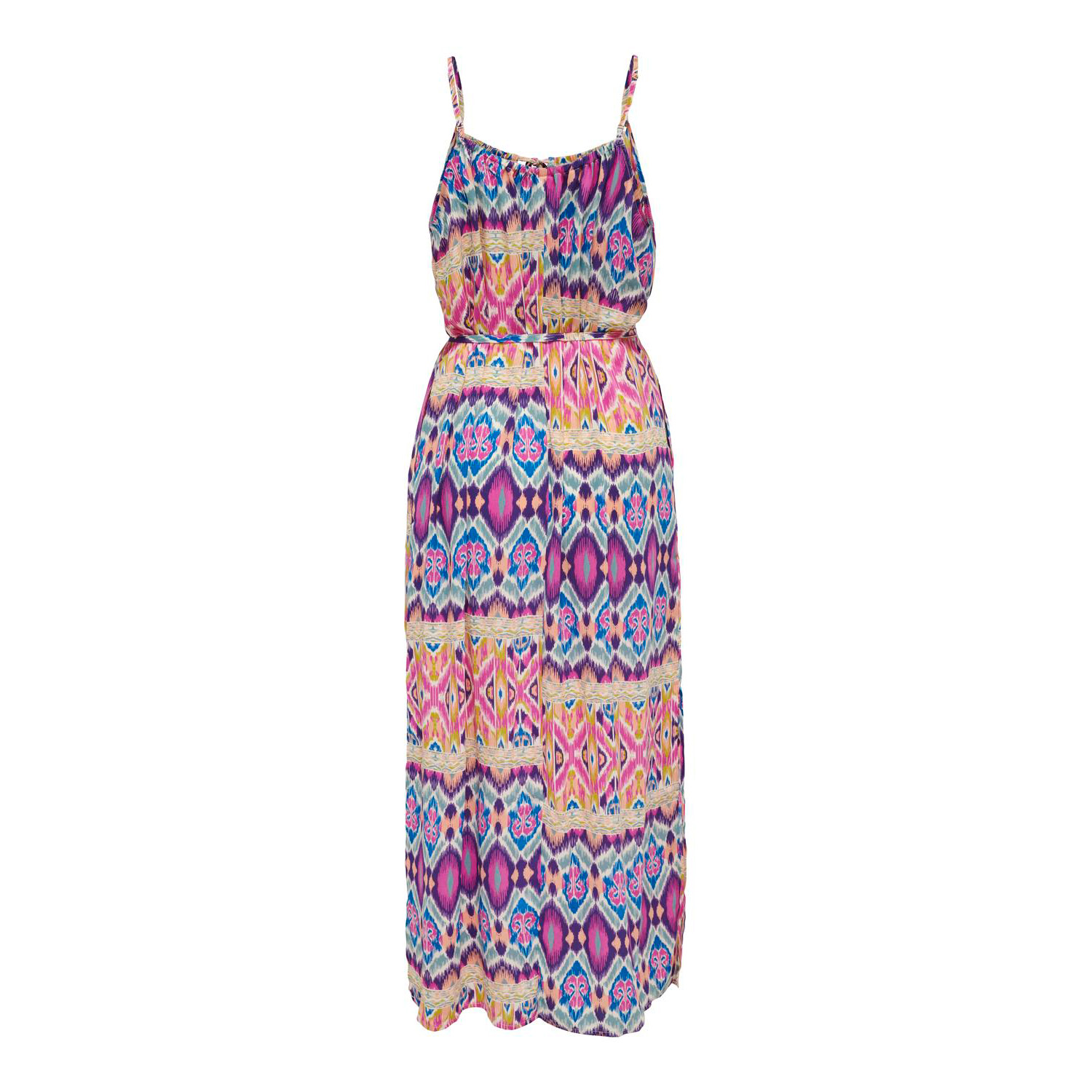 Vestido comprido feminino colorido com padrão geométrico