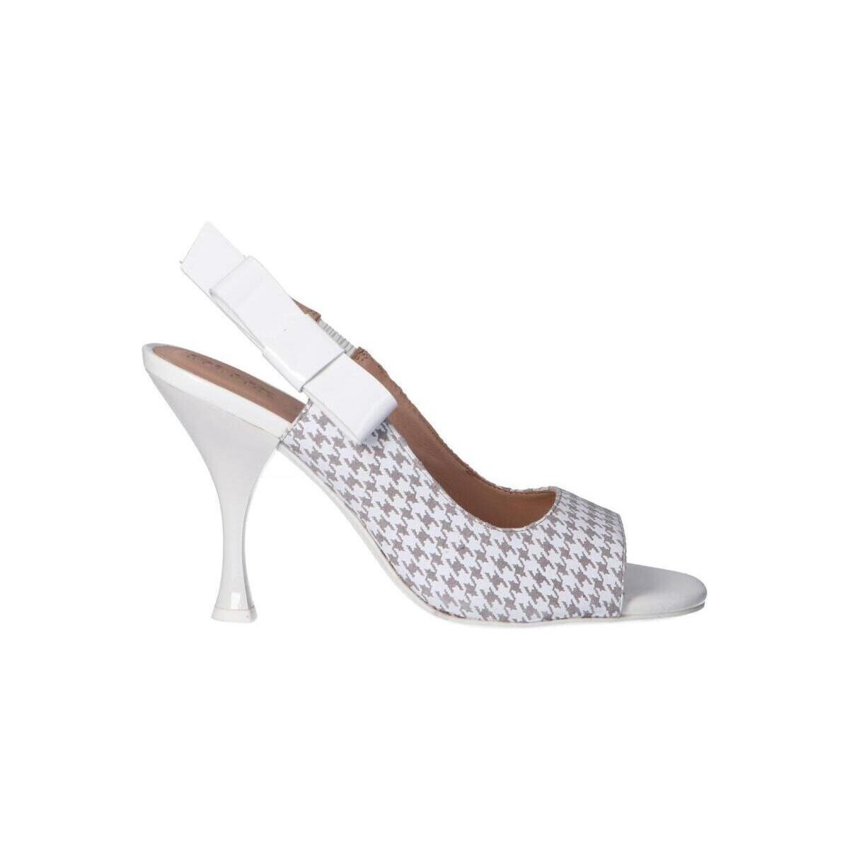 Sapato de salto alto feminino padrão pied-de-poule branco e cinzento com salto branco