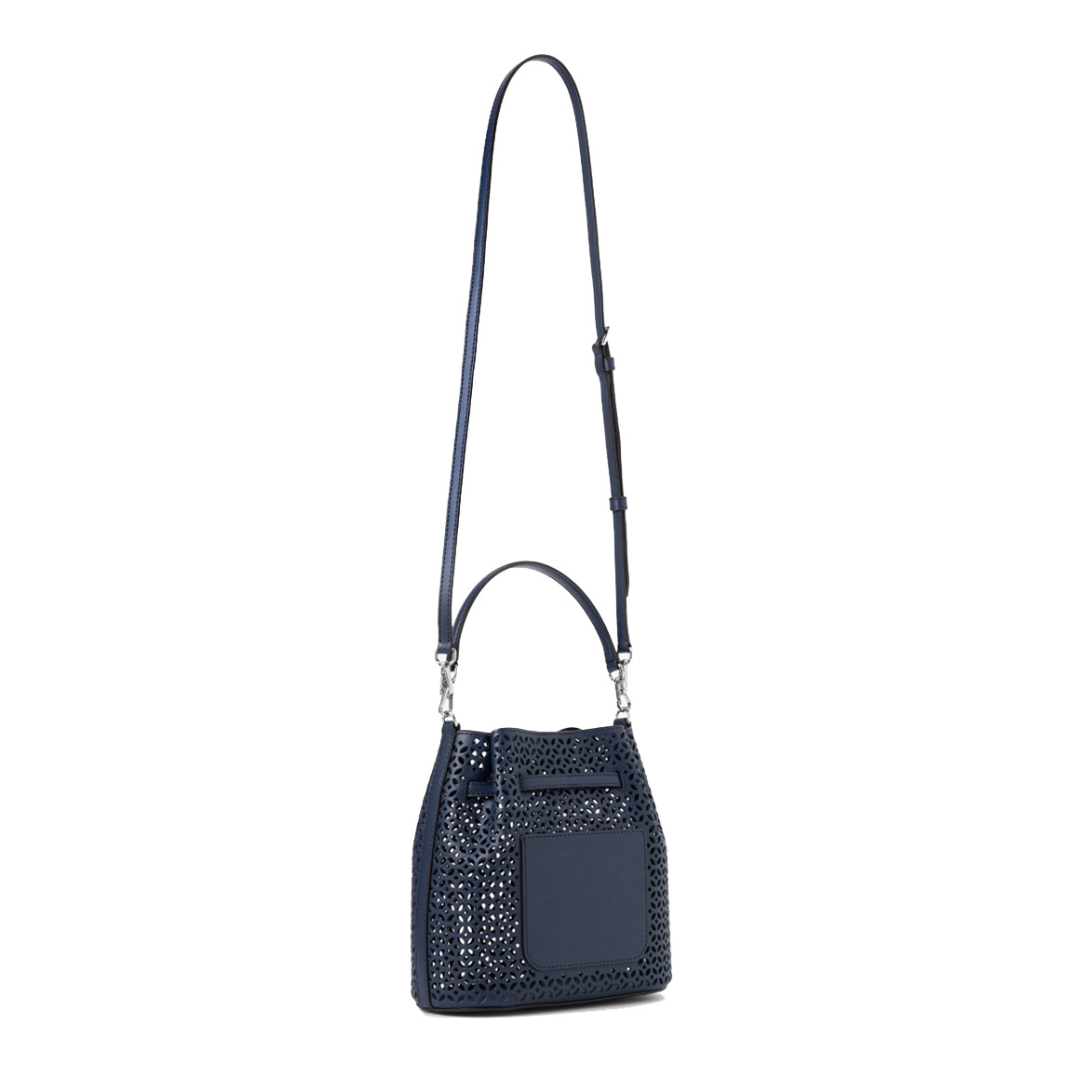 Mala azul escuro com padrão vazado floral e bolso frontal