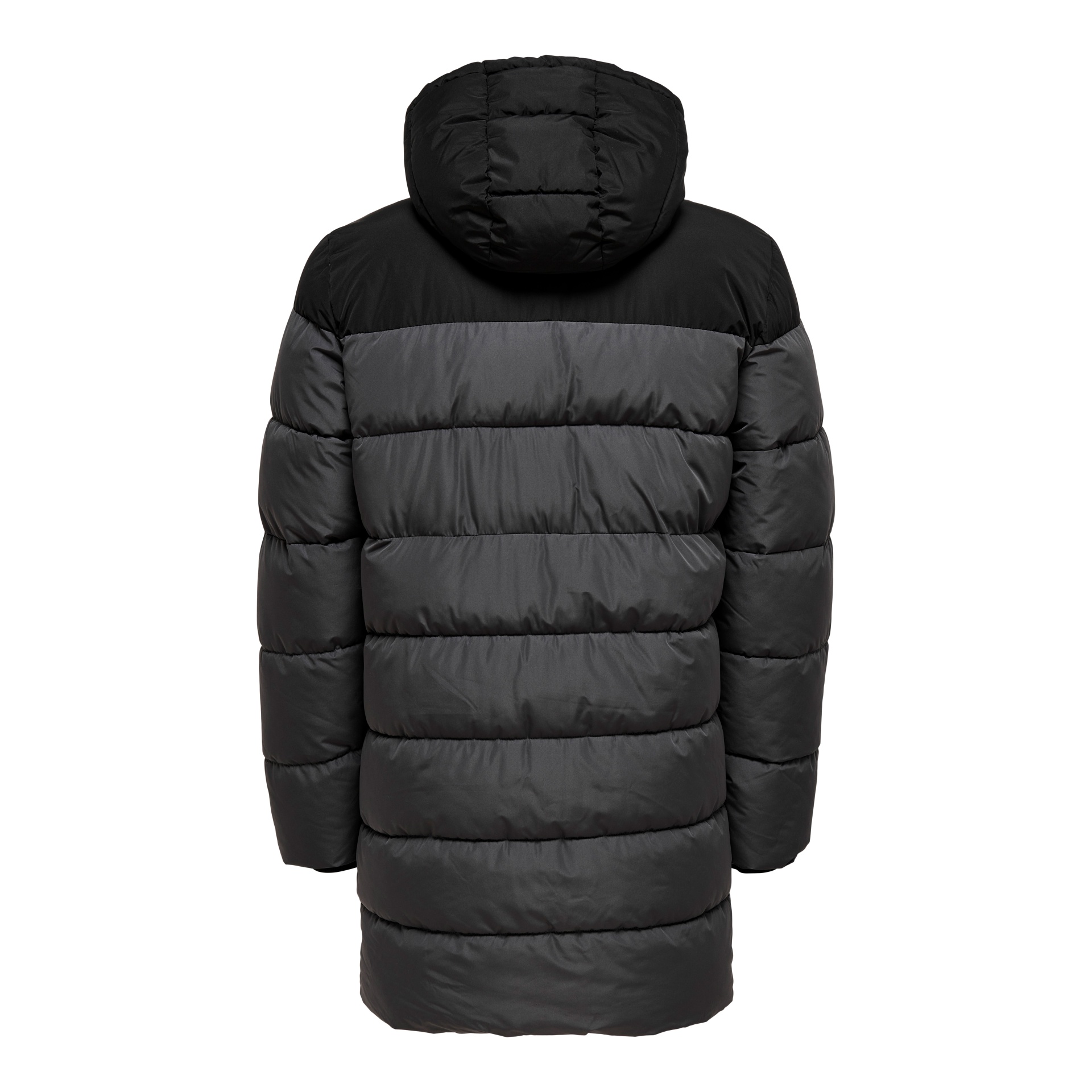 Casaco acolchoado preto e cinzento escuro com capuz visto de costas