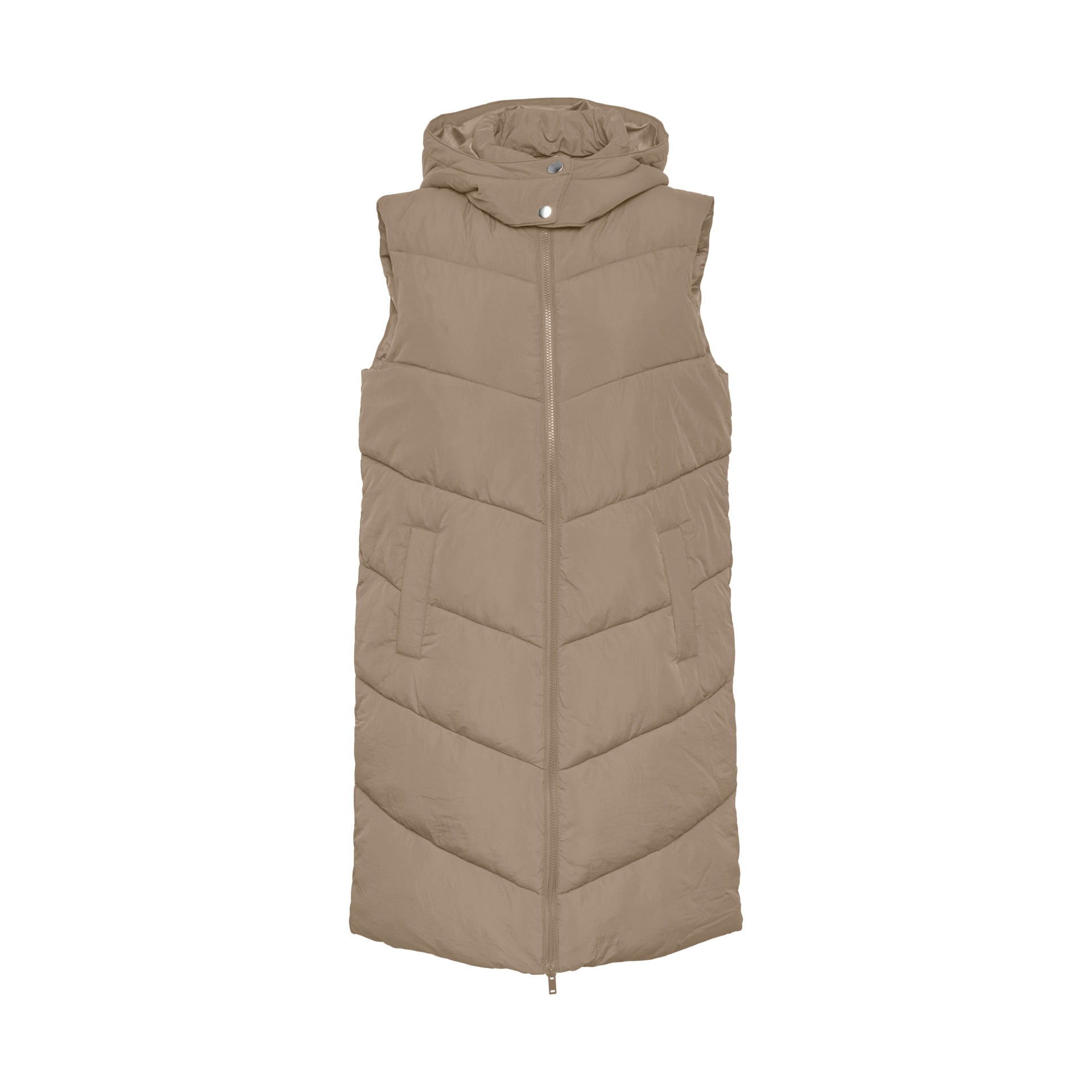 Colete comprido bege acolchoado com capuz e fecho de correr