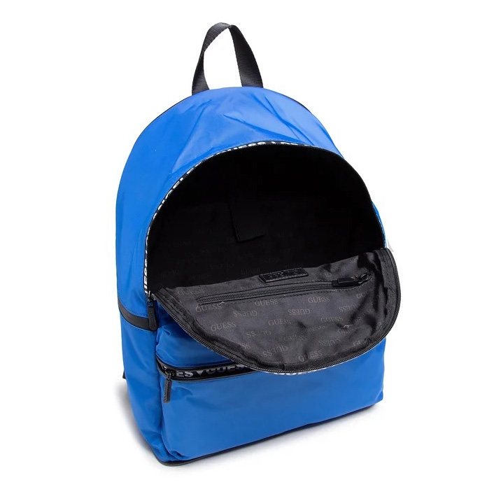 Mochila azul com zíper preto aberta