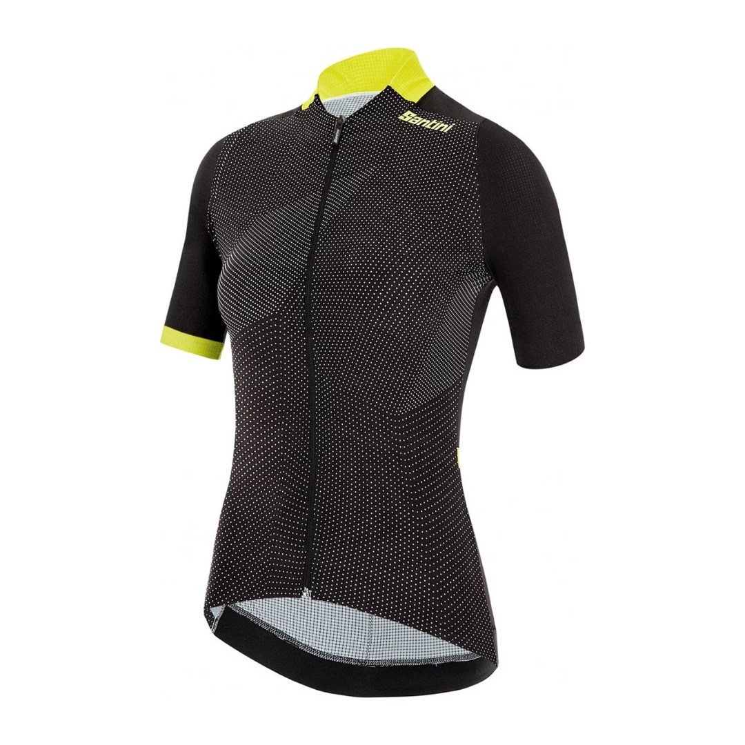 Camisola de ciclismo preta com pontos brancos e detalhes amarelos