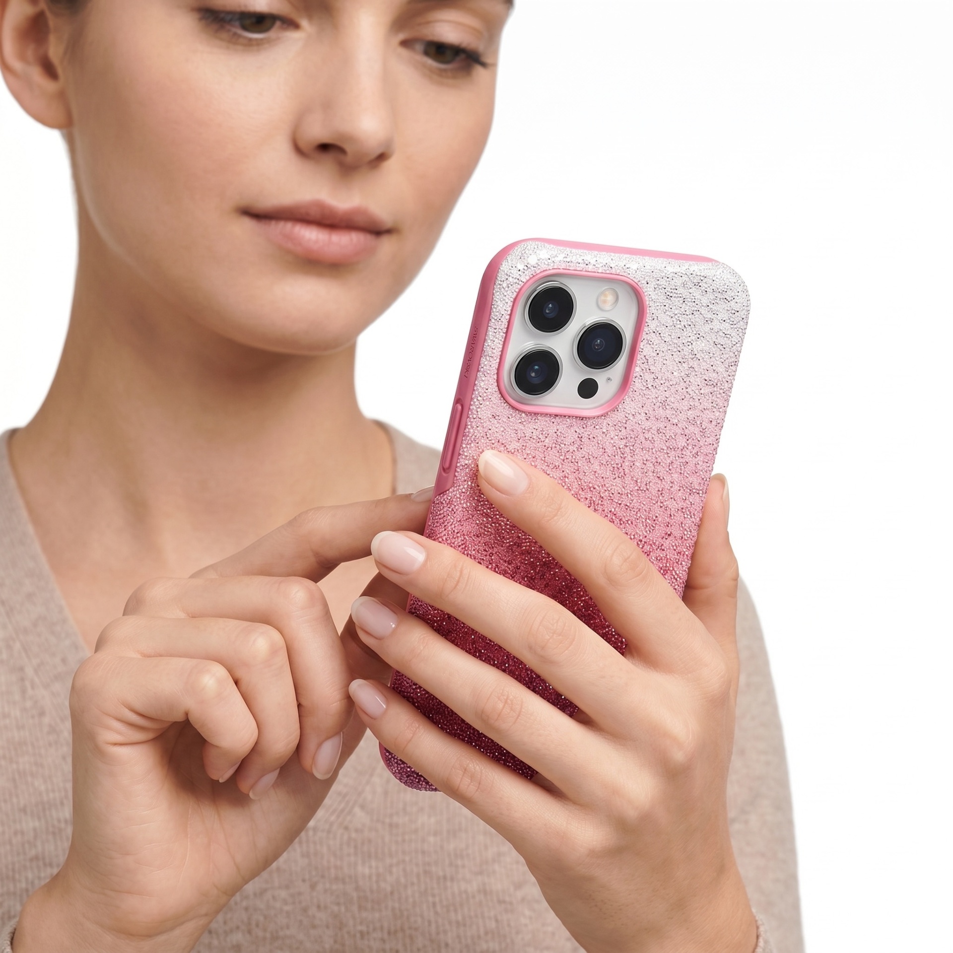 Telemóvel com capa rosa brilhante com gradiente e três câmaras traseiras, segurado por mulher com unhas naturais