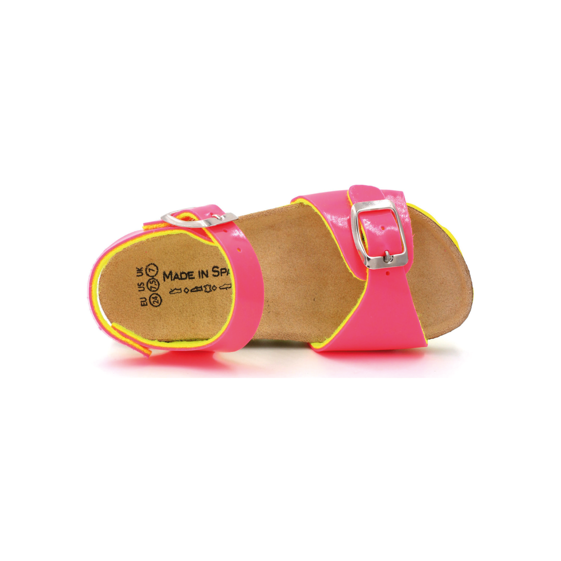 Sandália infantil cor-de-rosa com duas tiras e fivela prateada