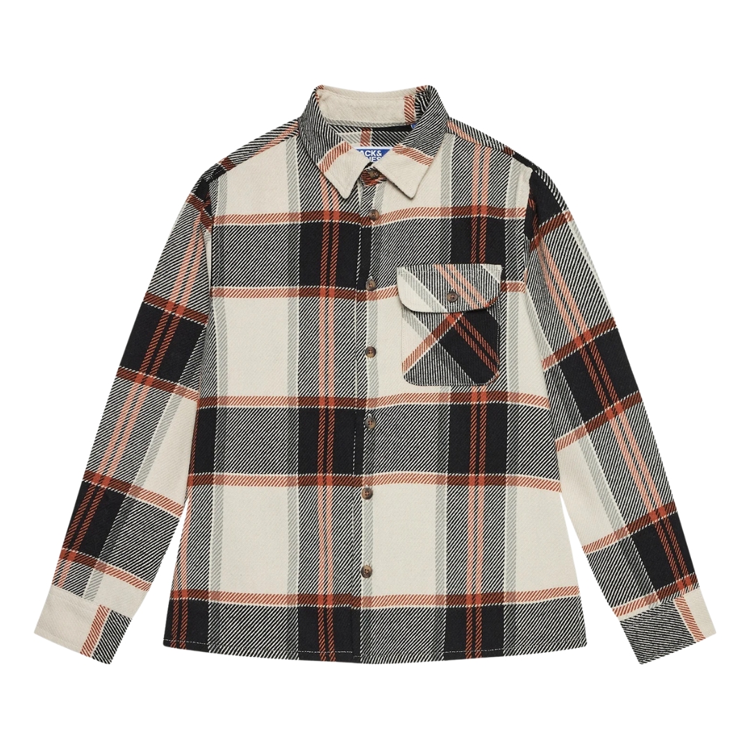 Camisa xadrez bege, preto, cinza e laranja com bolso e botões