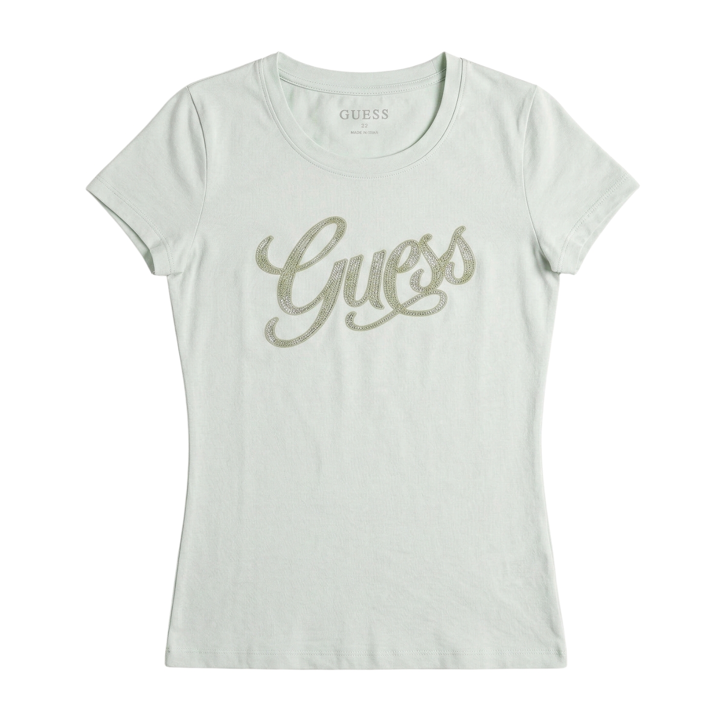 T-shirt branca feminina com logo Guess em letras cursivas