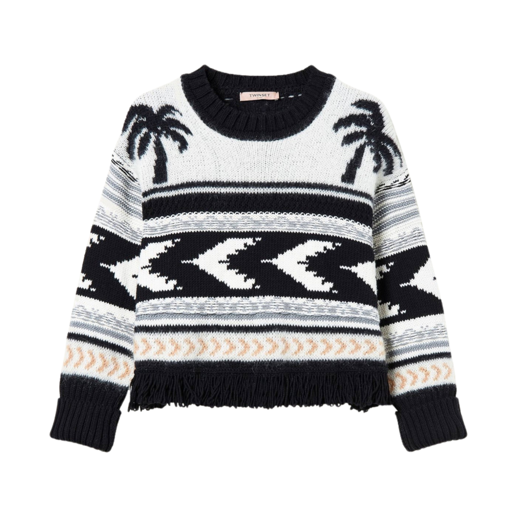 Camisola de malha preta e branca com padrão geométrico e palmeiras