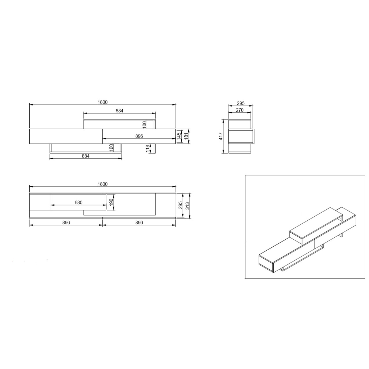 Desenho técnico de móvel com medidas detalhadas.