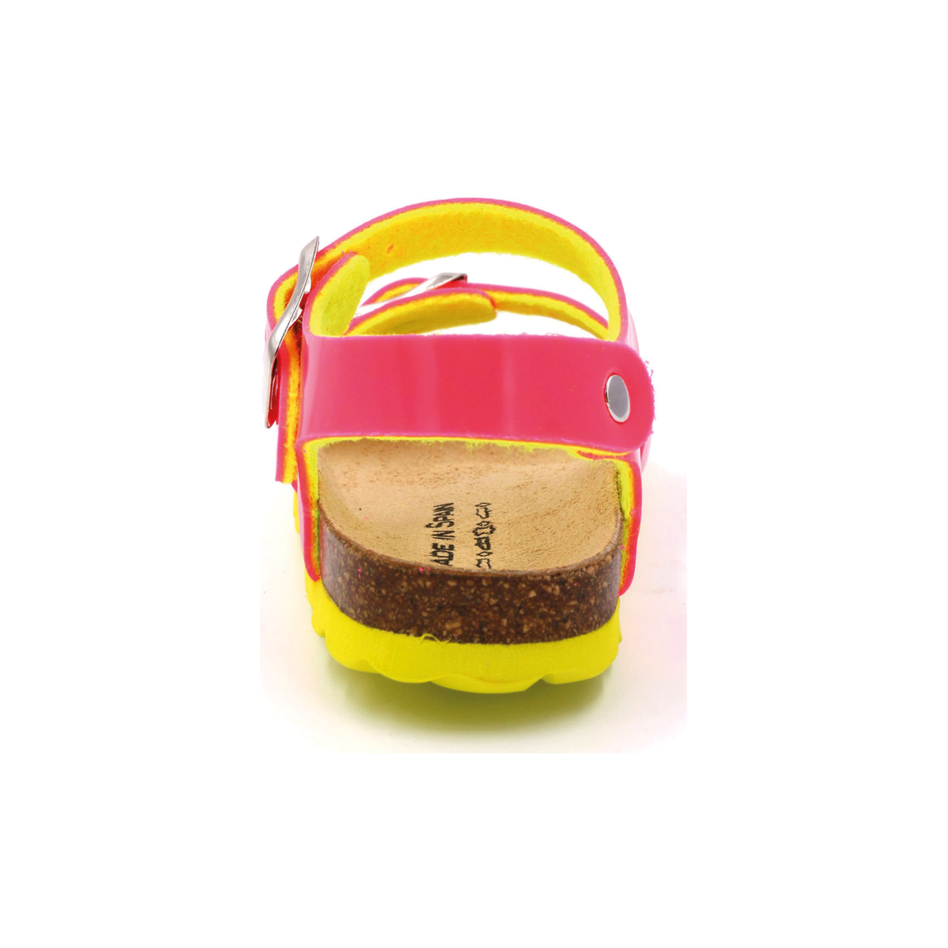 Sandália infantil rosa com sola amarela vista de trás