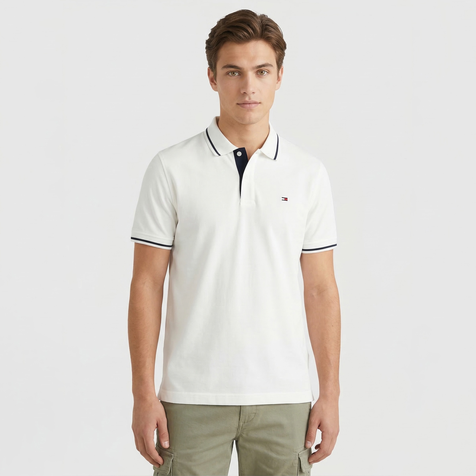 Polo branco com gola e punhos risca azul escura e logótipo Tommy Hilfiger no peito