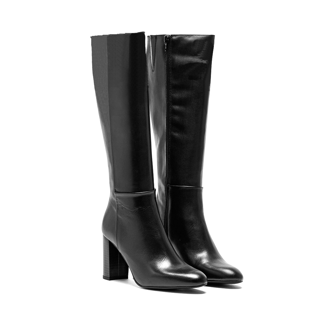Bota feminina preta de cano alto com salto quadrado e zíper lateral