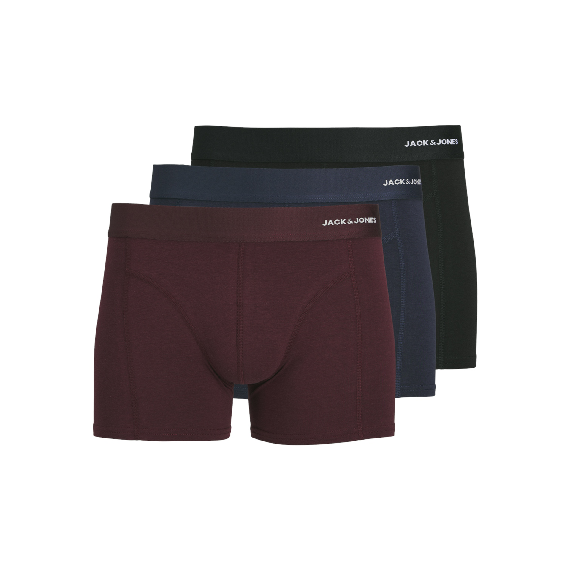 Três boxers masculinos nas cores preto, azul escuro e vinho, com cintas elásticas e marca JACK & JONES.
