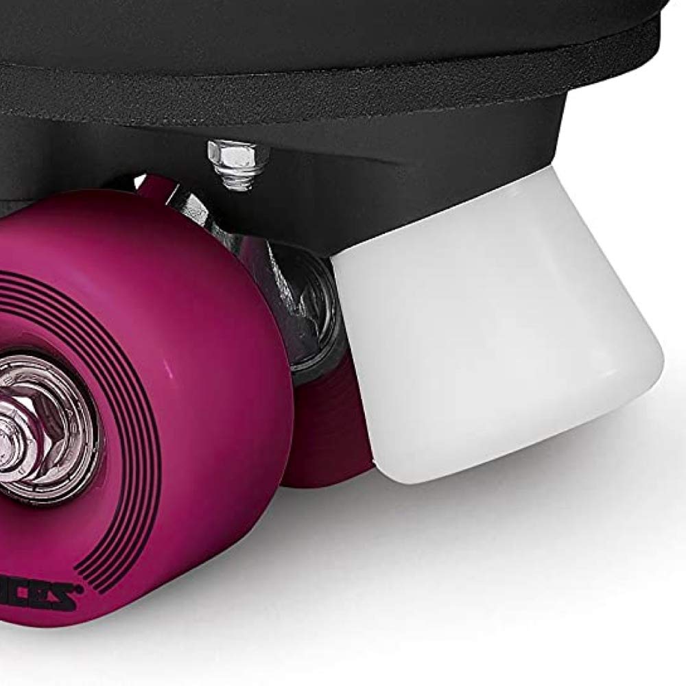 Roda roxa de skate ou patins com cone branco e detalhes metálicos