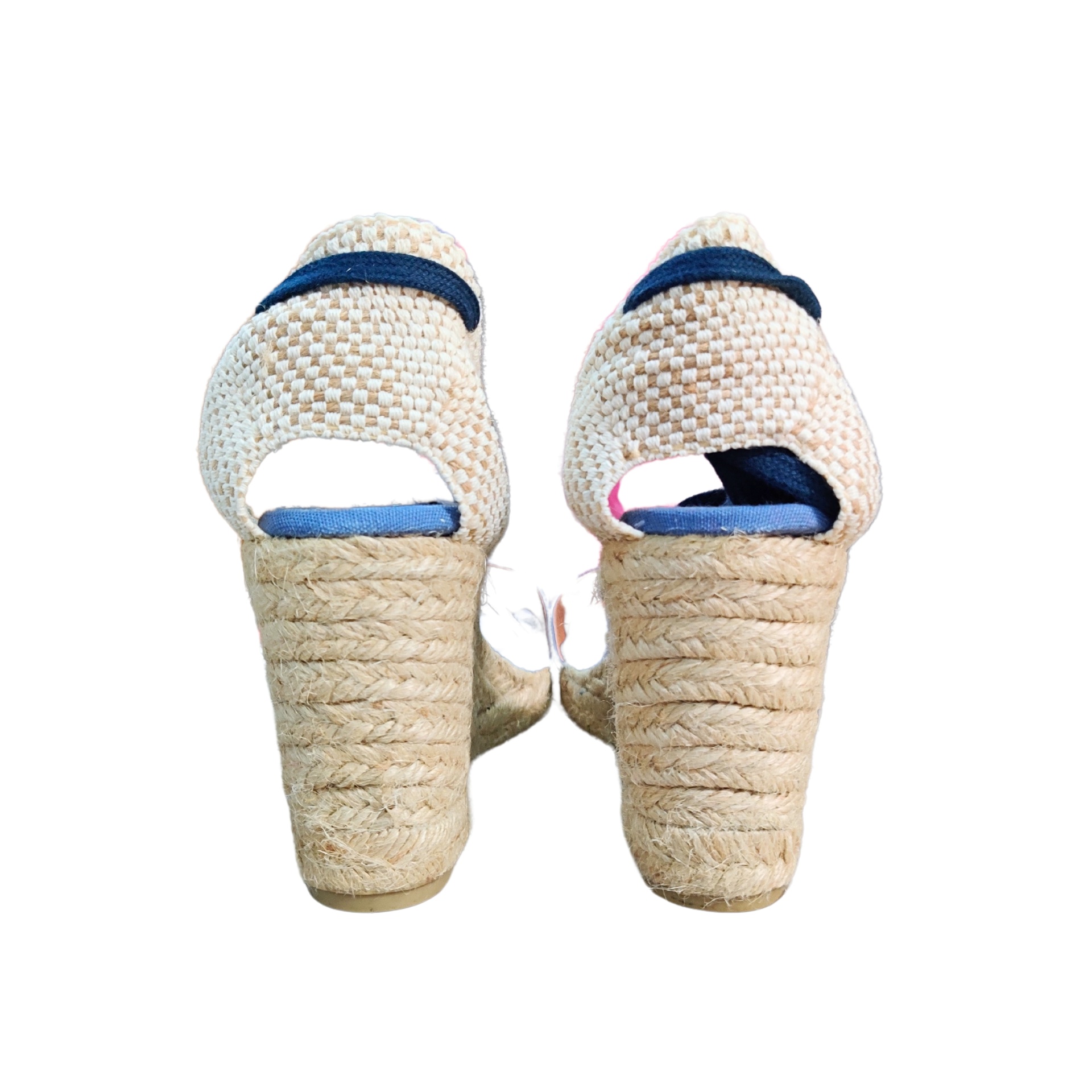 Sandálias de cunha bege e azul com salto em corda