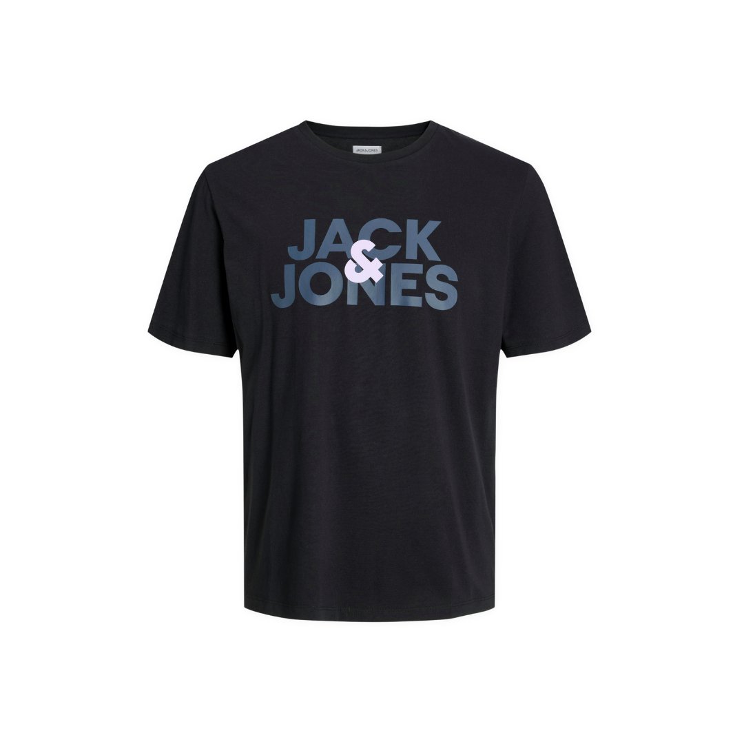 T-shirt preta de manga curta com texto JACK & JONES azul e branco no peito