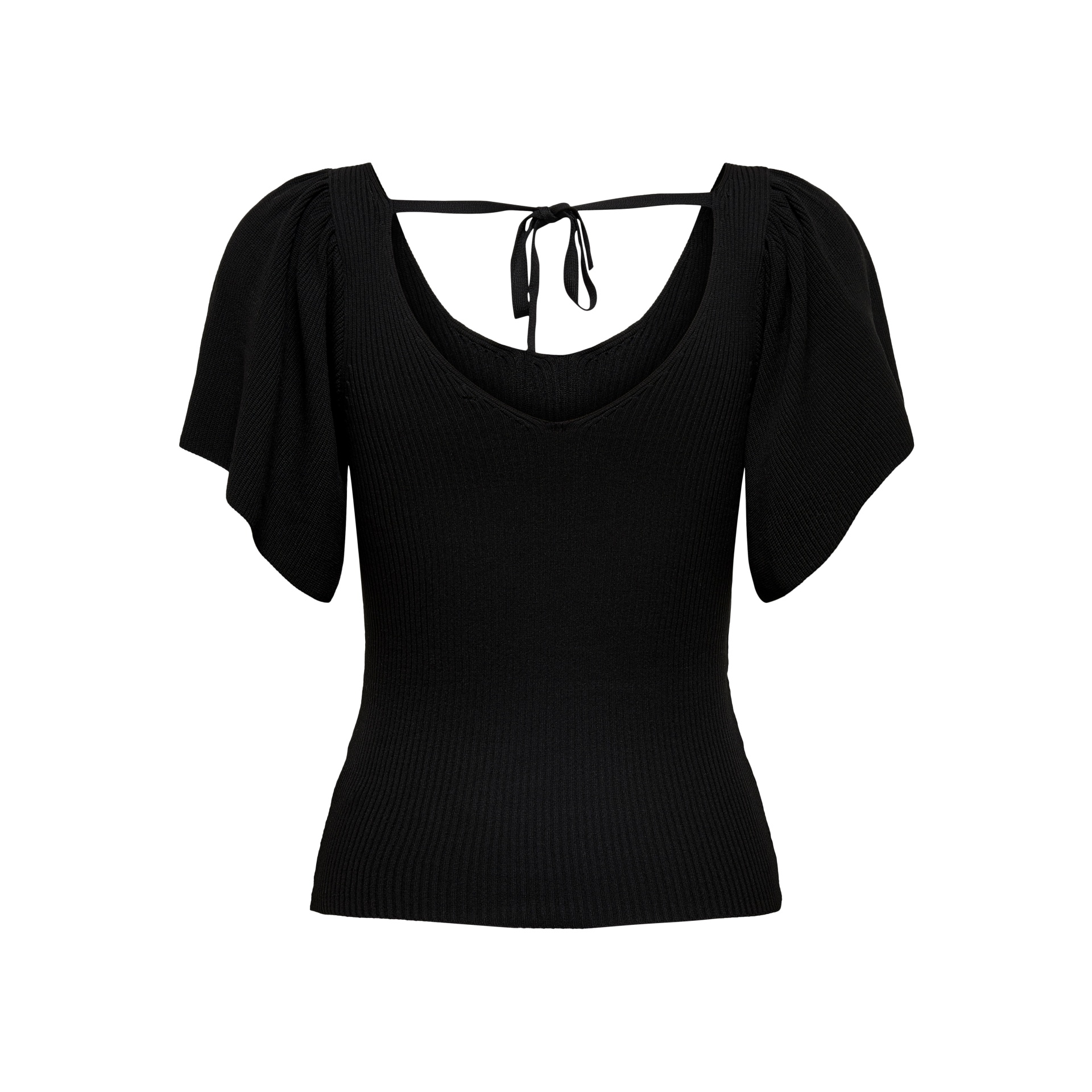 Camisola preta de malha com mangas curtas e fita para amarrar no decote costas