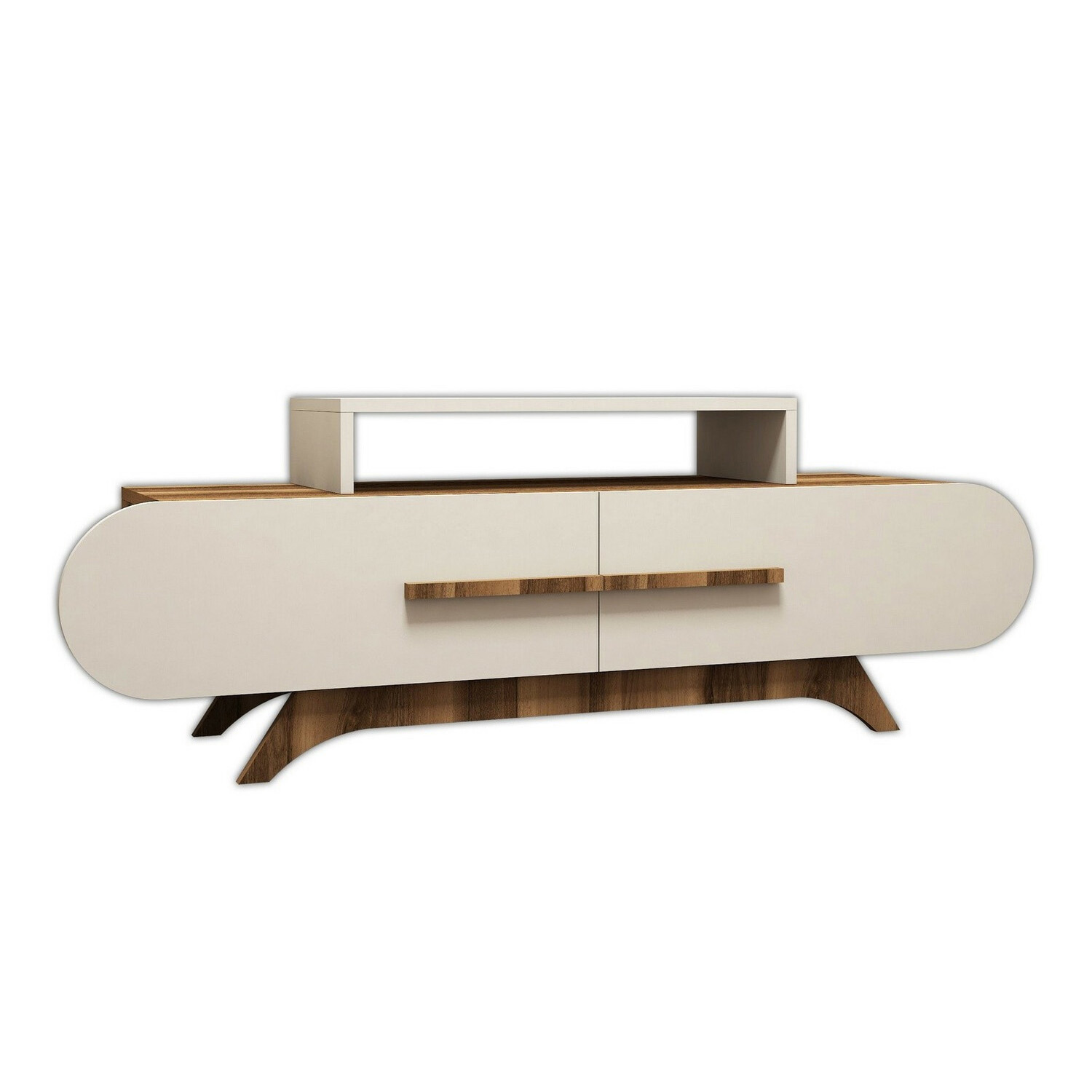 Móvel moderno de madeira com acabamento branco e madeira natural, design arredondado