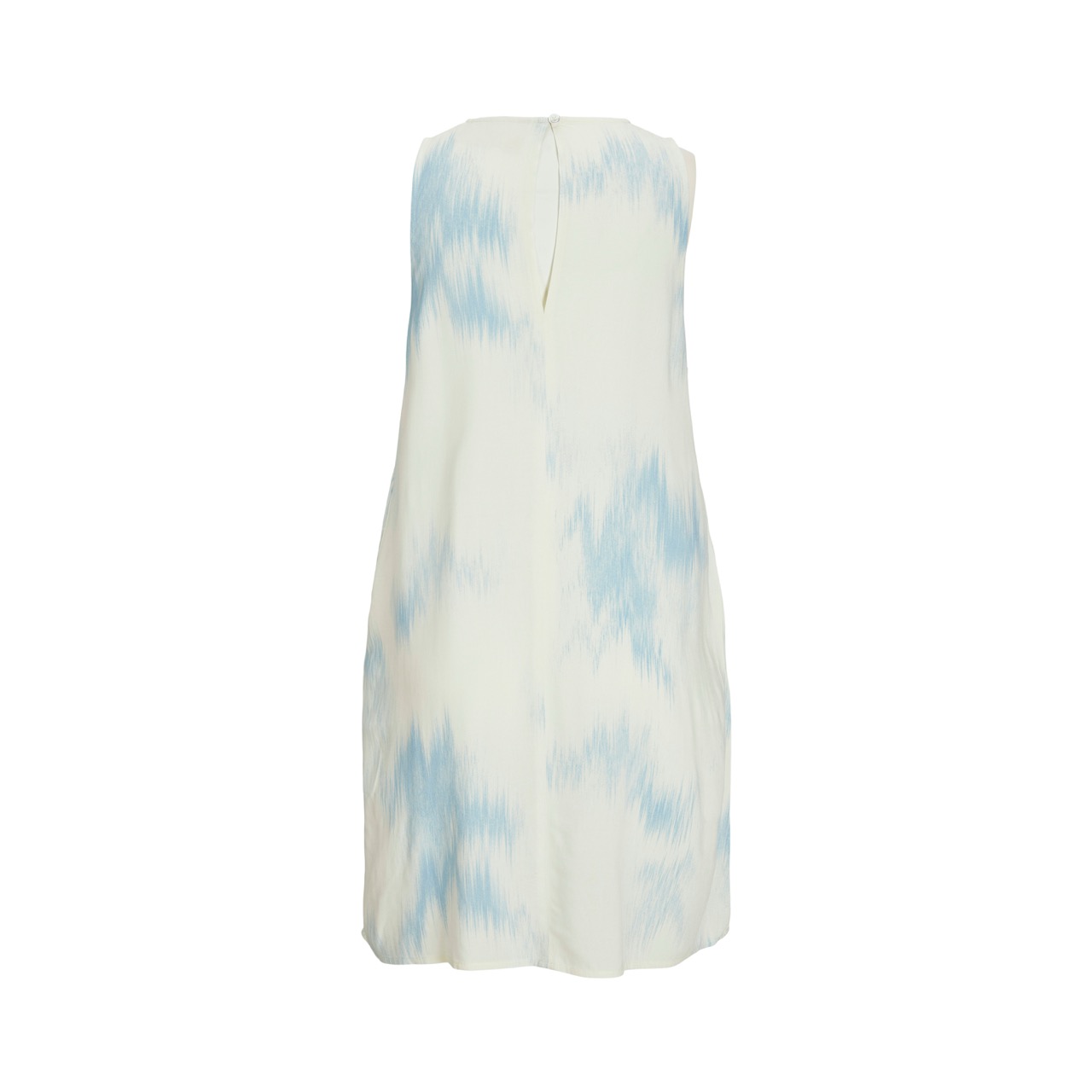 Vestido branco com padrão azul e decote em V