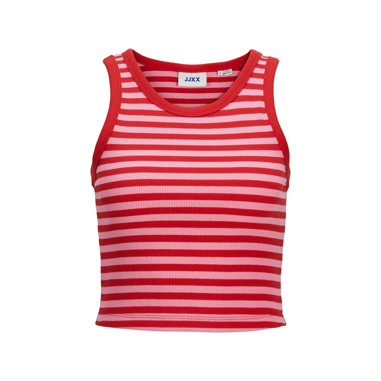Top feminino vermelho e rosa com riscas horizontais e etiqueta JJXX