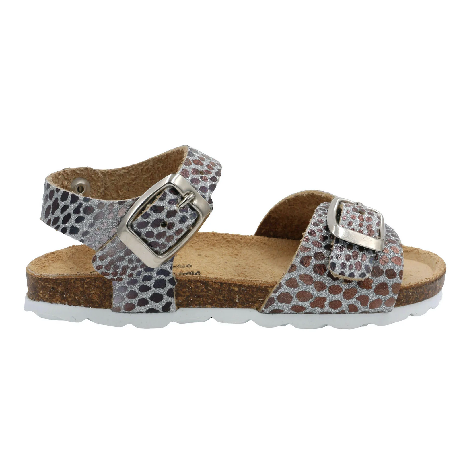 Sandália infantil com padrão de manchas cinzentas e castanhas com duas fivelas prateadas