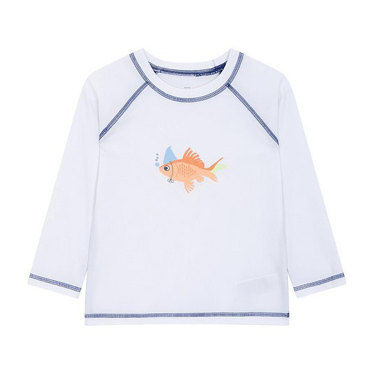Camisola infantil branca com estampa de peixe laranja e costuras azuis